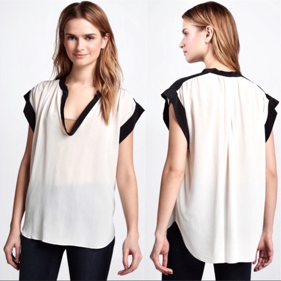 Rebecca Taylor Two Tone Scoop Neck Short Sleeve Silk Blouse - Size 4 - Picture 1 of 11